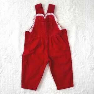 VTG Red Corduroy Overalls Girls 2T Ruffle Trim Pocket Button Strap Bib Pants